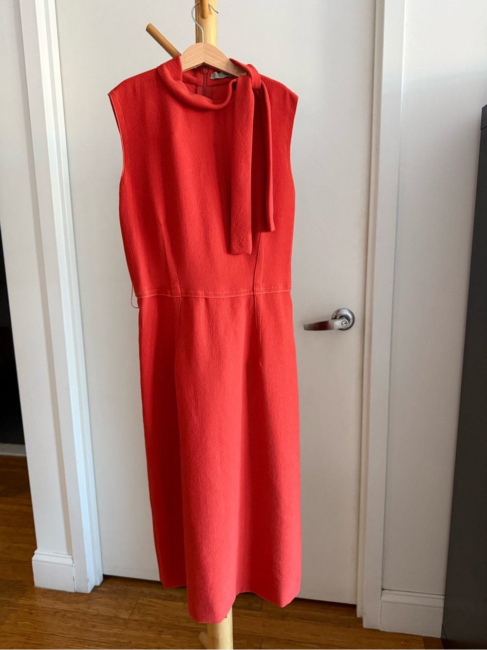 Bottega Veneta Coral Red Midi Dress with Neck Tie